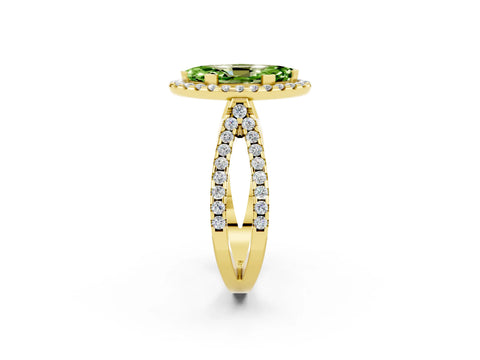 Yellow gold Marquise Cut Peridot Halo Ring with Split Shank Pavé Band and Prong Setting_2