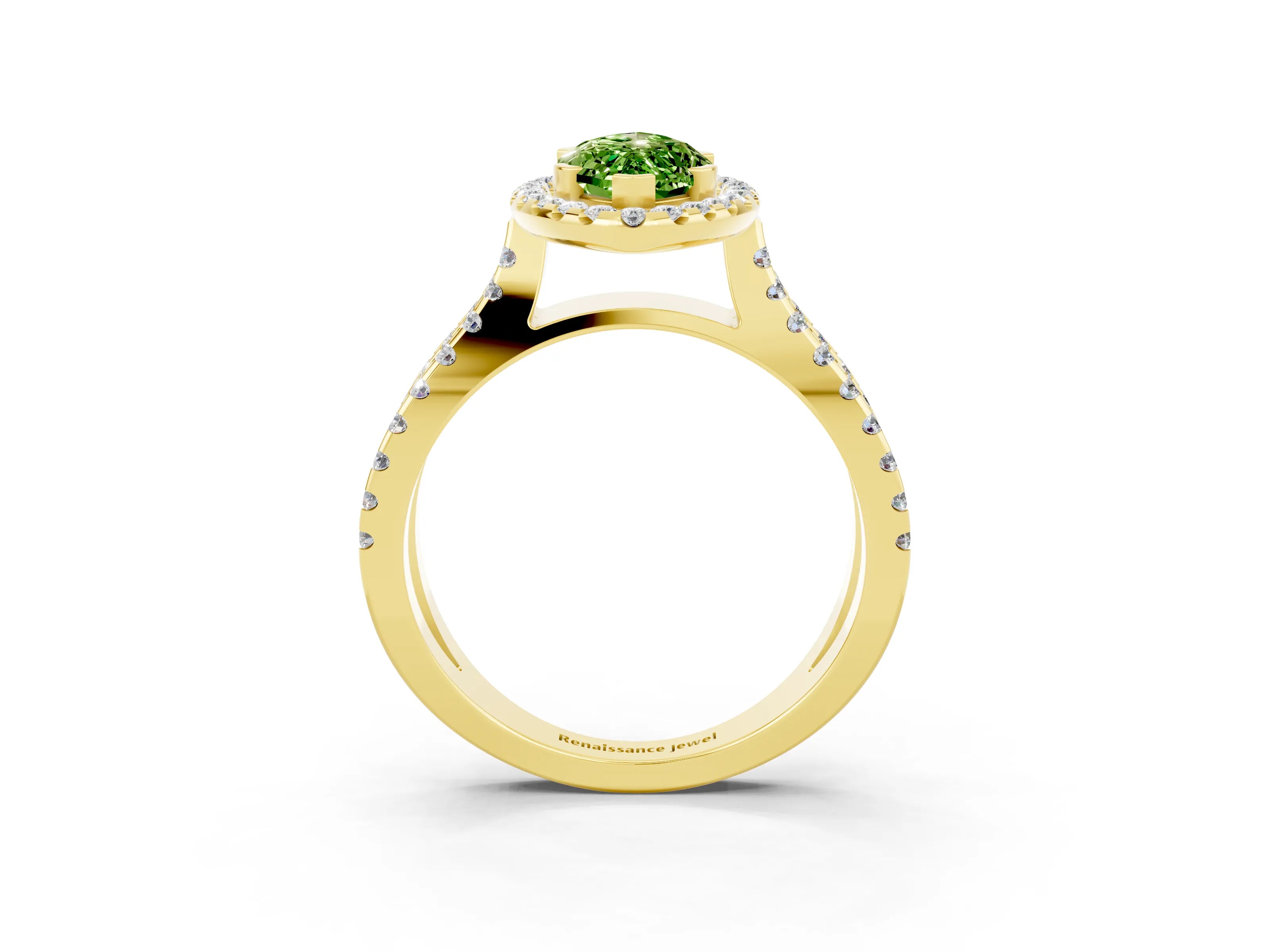 Yellow gold Marquise Cut Peridot Halo Ring with Split Shank Pavé Band and Prong Setting_3