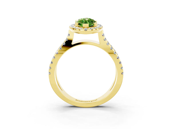 Yellow gold Marquise Cut Peridot Halo Ring with Split Shank Pavé Band and Prong Setting