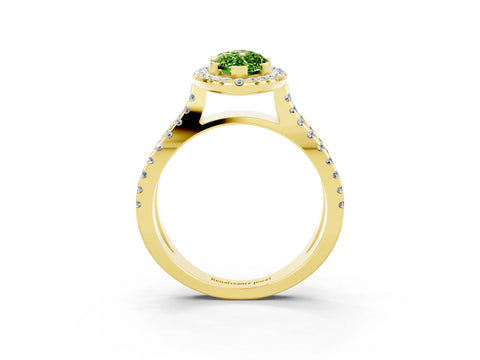 Yellow gold Marquise Cut Peridot Halo Ring with Split Shank Pavé Band and Prong Setting_3