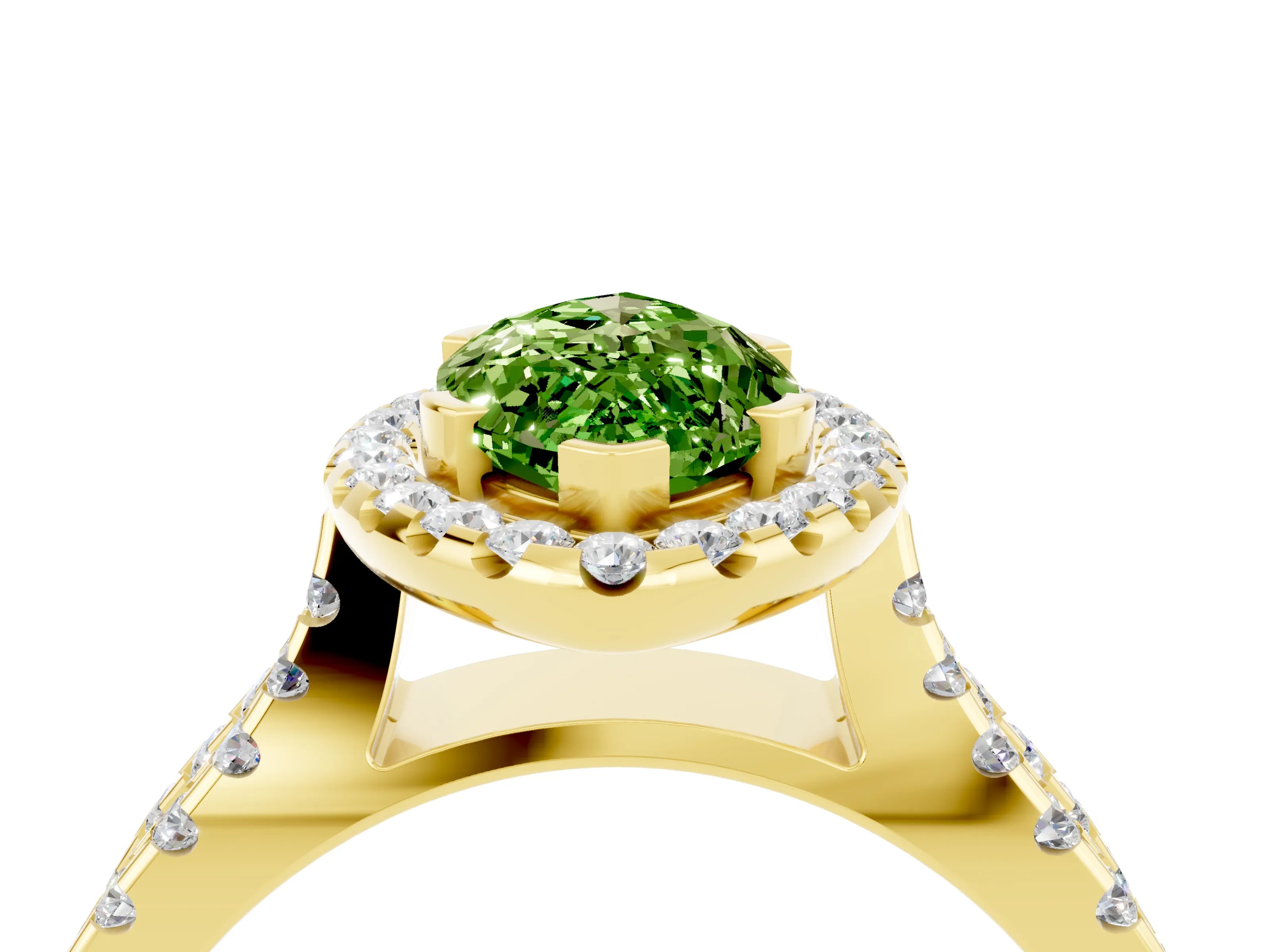 Yellow gold Marquise Cut Peridot Halo Ring with Split Shank Pavé Band and Prong Setting_4