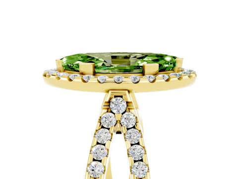 Yellow gold Marquise Cut Peridot Halo Ring with Split Shank Pavé Band and Prong Setting_5
