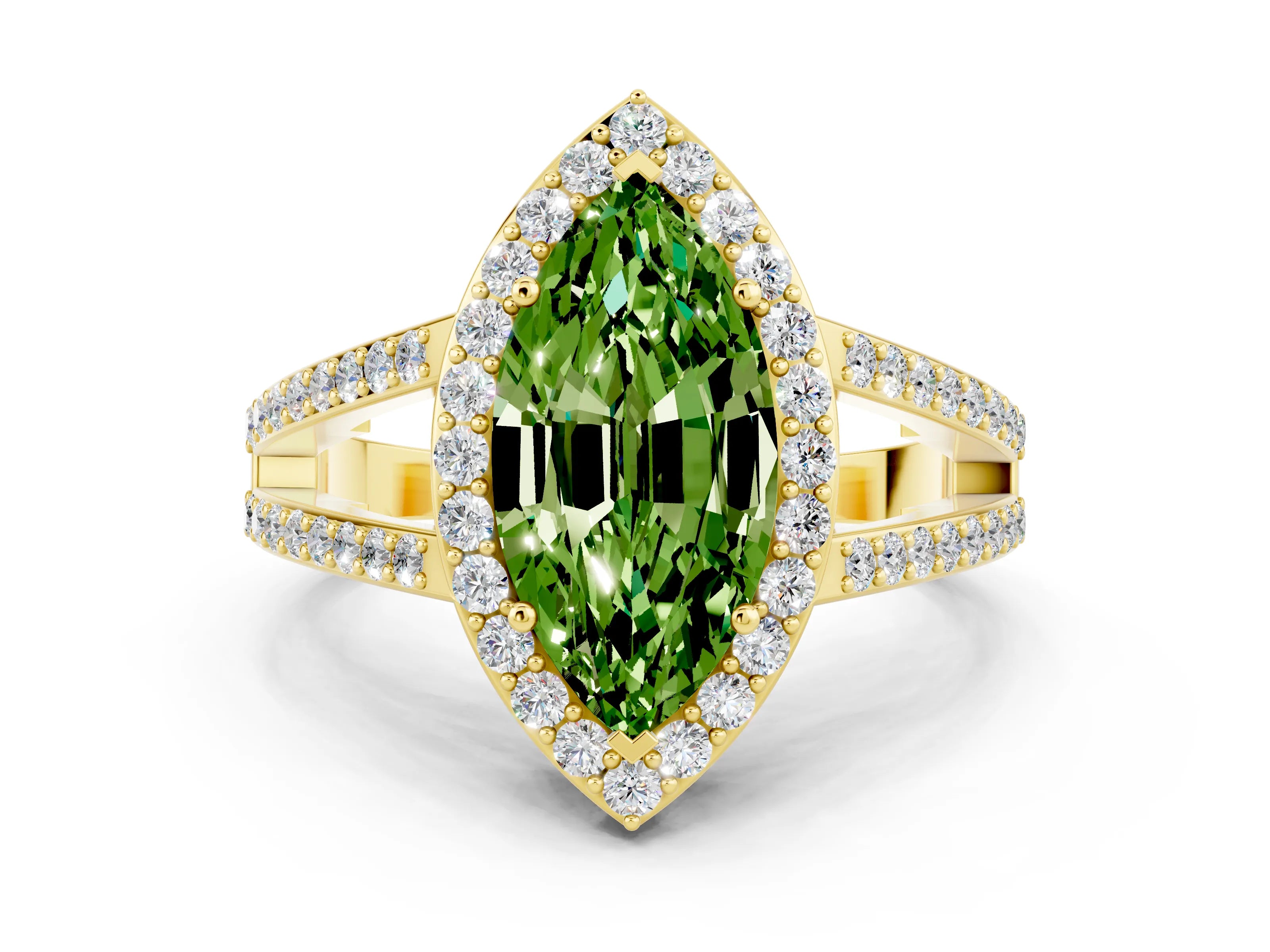 Yellow gold Marquise Cut Peridot Halo Ring with Split Shank U-Prong Band and Four-Prong Setting