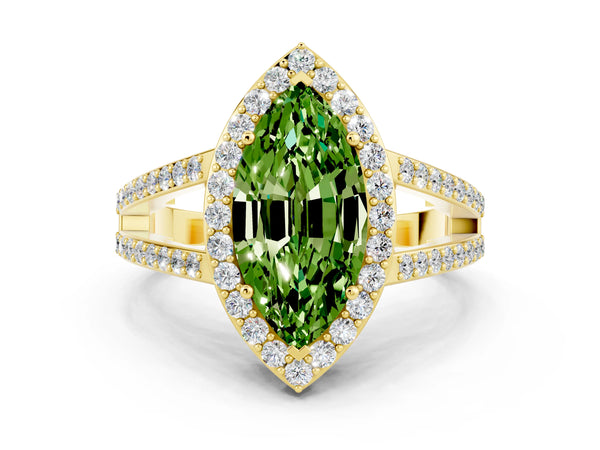 Yellow gold Marquise Cut Peridot Halo Ring with Split Shank U-Prong Band and Four-Prong Setting