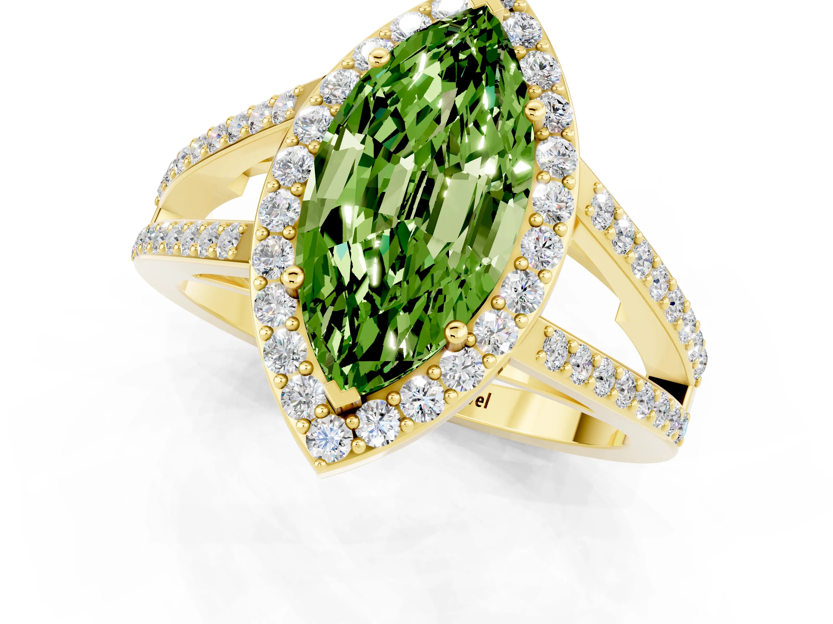 Yellow gold Marquise Cut Peridot Halo Ring with Split Shank U-Prong Band and Four-Prong Setting_1