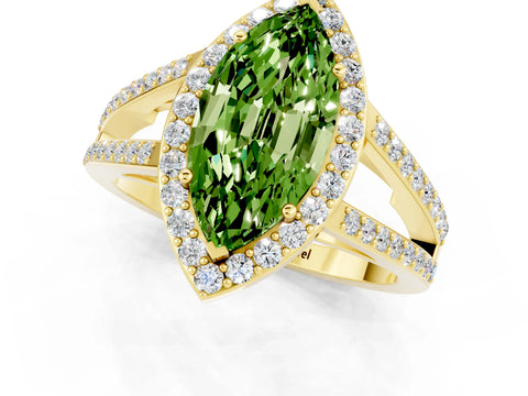 Yellow gold Marquise Cut Peridot Halo Ring with Split Shank U-Prong Band and Four-Prong Setting_1