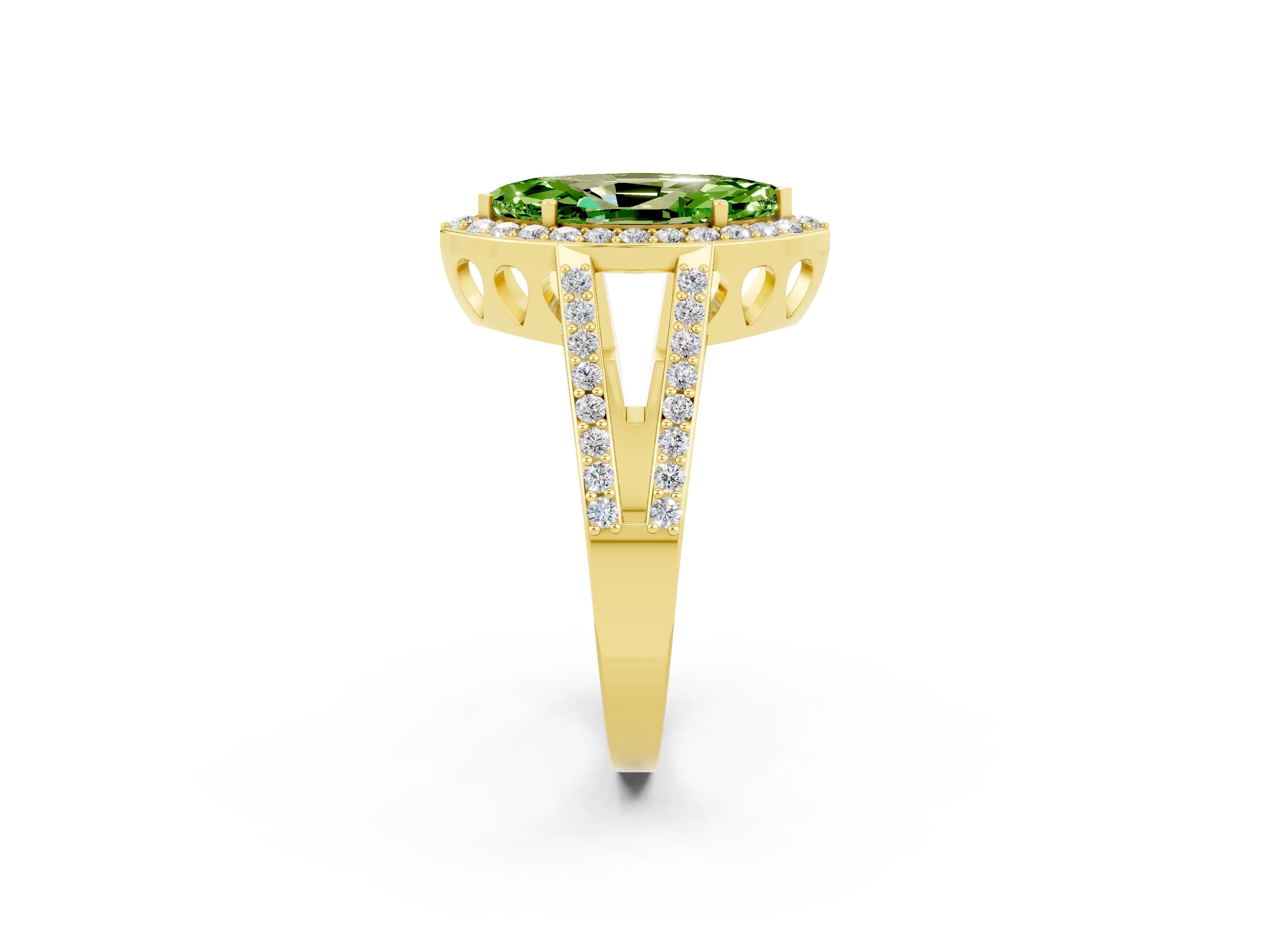 Yellow gold Marquise Cut Peridot Halo Ring with Split Shank U-Prong Band and Four-Prong Setting_2
