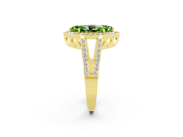Yellow gold Marquise Cut Peridot Halo Ring with Split Shank U-Prong Band and Four-Prong Setting