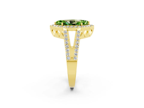 Yellow gold Marquise Cut Peridot Halo Ring with Split Shank U-Prong Band and Four-Prong Setting_2