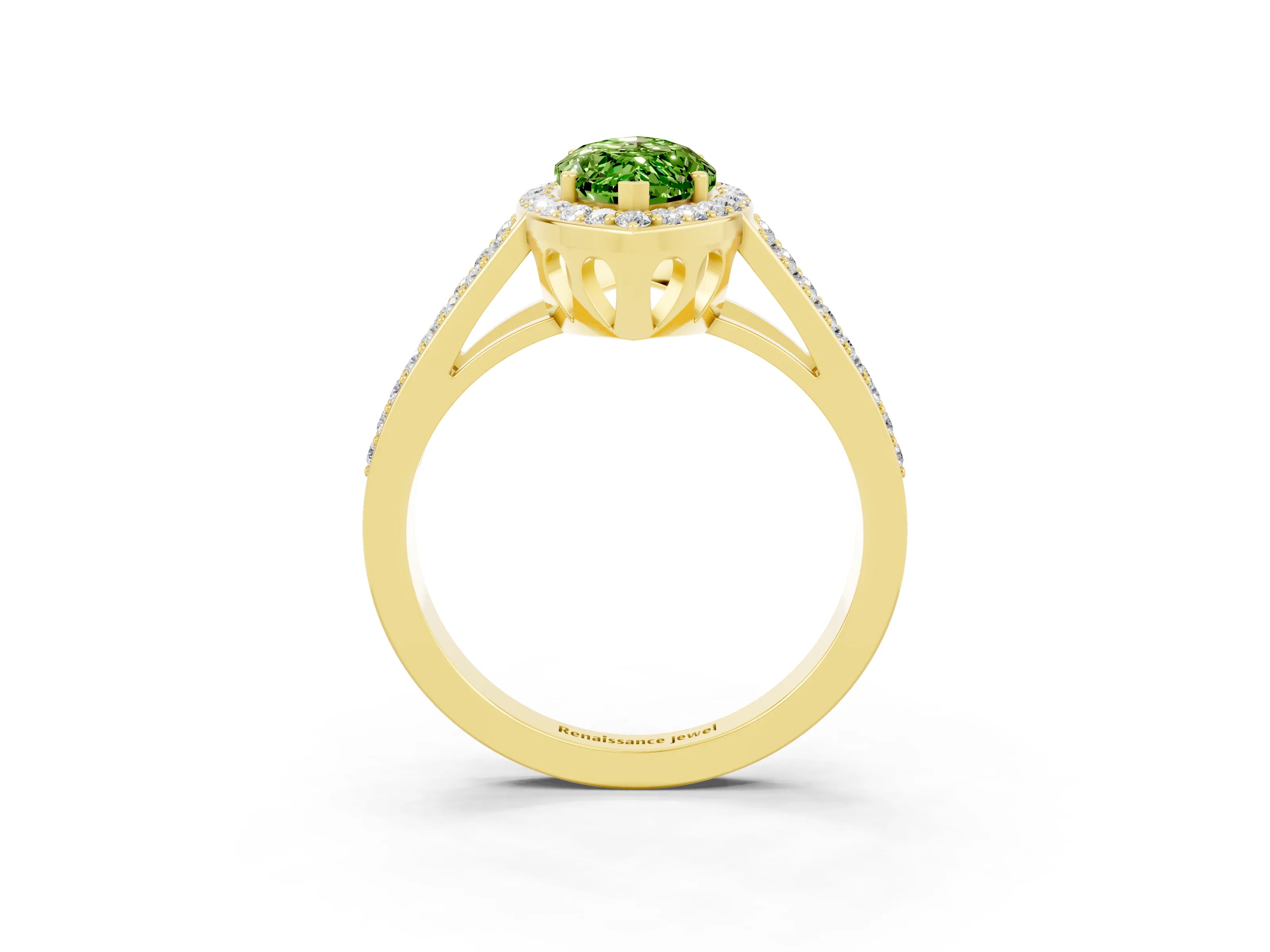Yellow gold Marquise Cut Peridot Halo Ring with Split Shank U-Prong Band and Four-Prong Setting_3