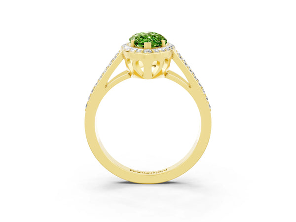 Yellow gold Marquise Cut Peridot Halo Ring with Split Shank U-Prong Band and Four-Prong Setting