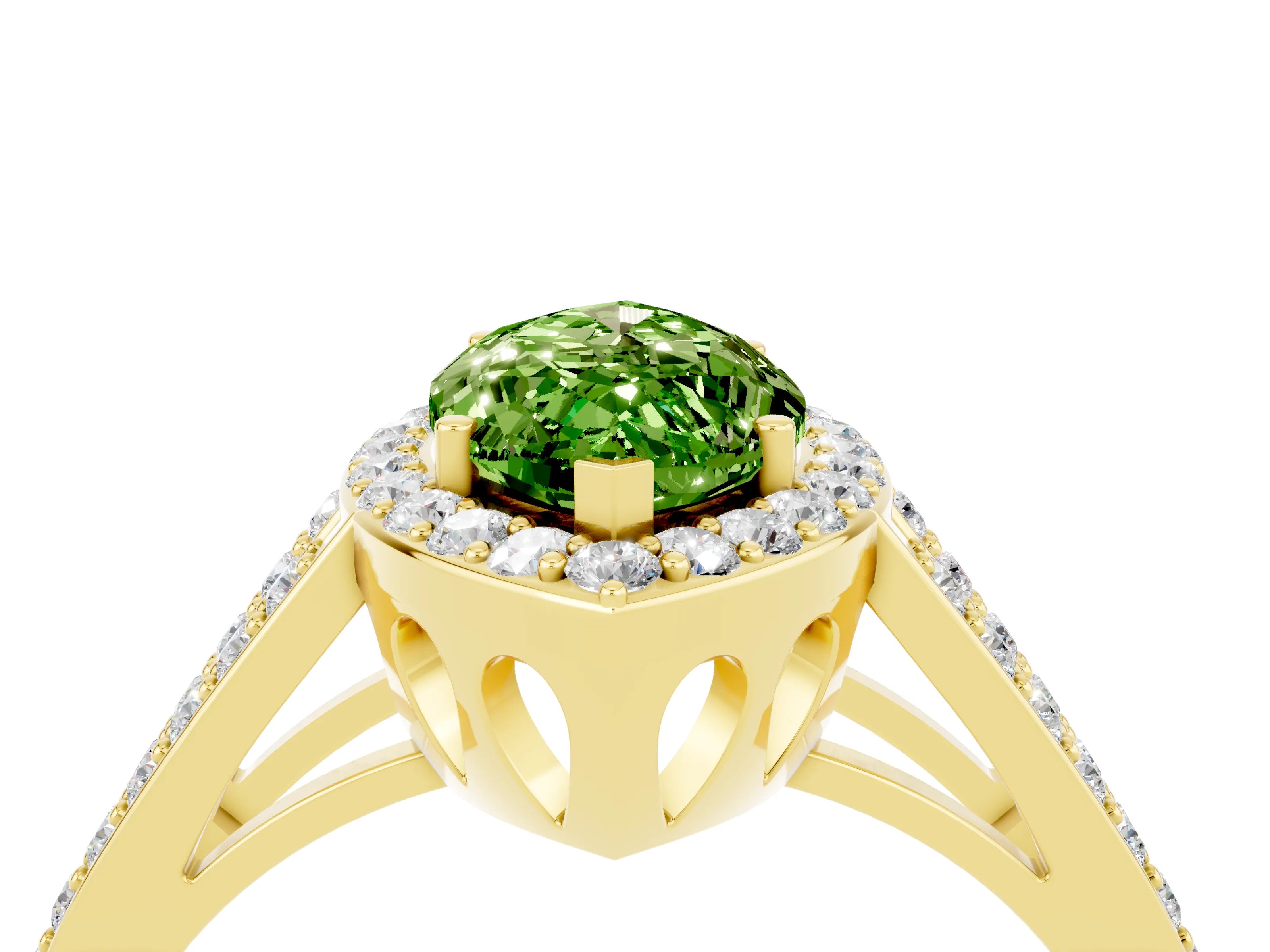 Yellow gold Marquise Cut Peridot Halo Ring with Split Shank U-Prong Band and Four-Prong Setting_4