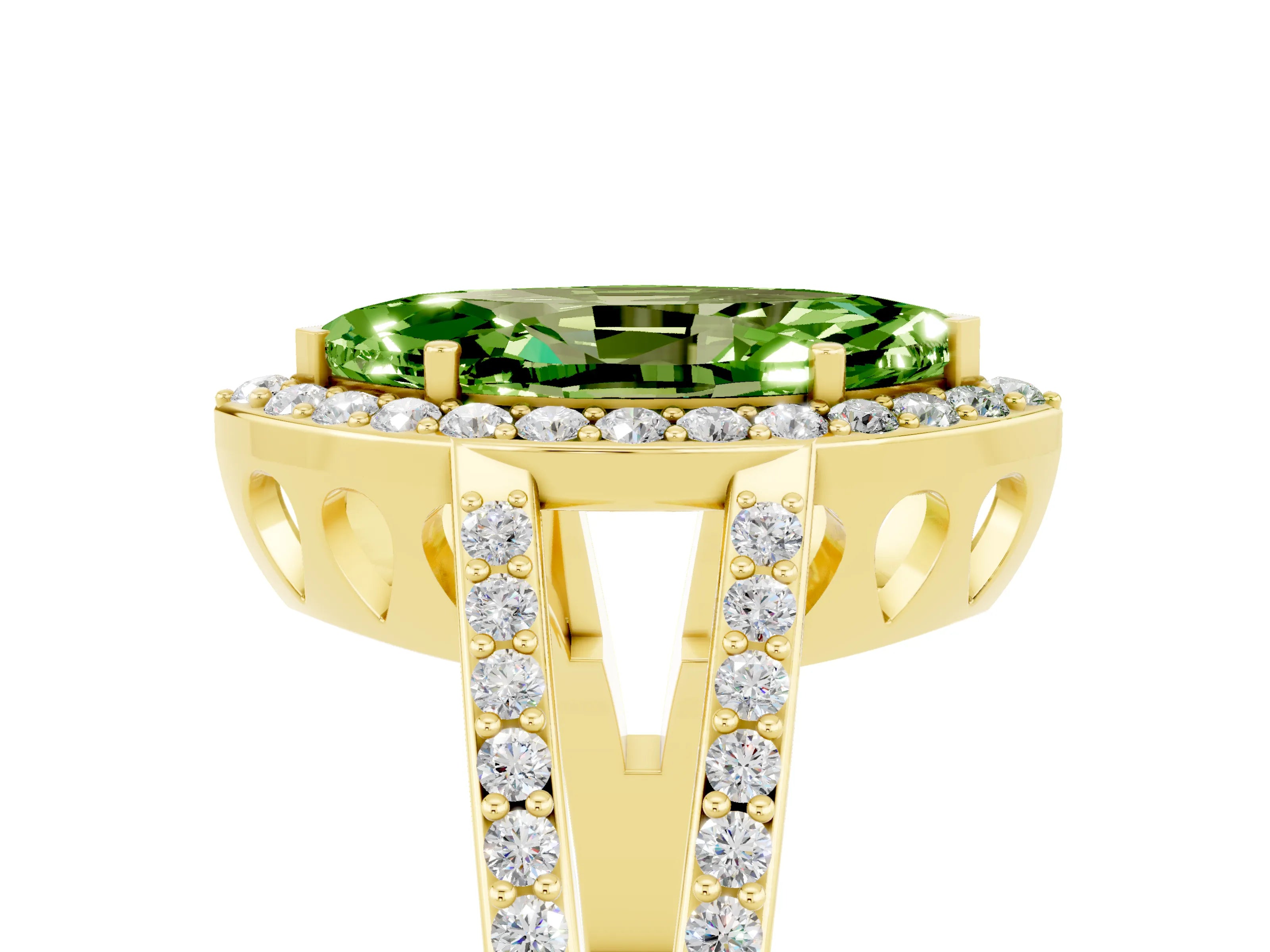 Yellow gold Marquise Cut Peridot Halo Ring with Split Shank U-Prong Band and Four-Prong Setting_5