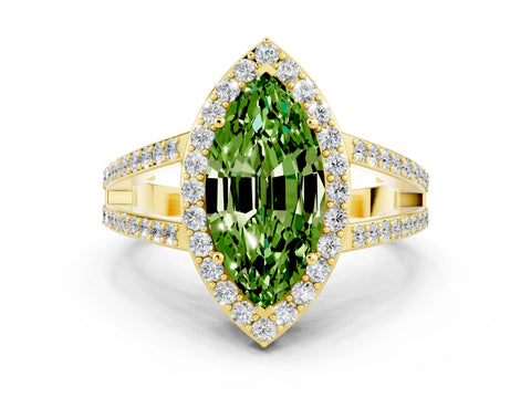 Yellow gold Marquise Cut Peridot Halo Ring with Split Shank U-Prong Band and Four-Prong Setting