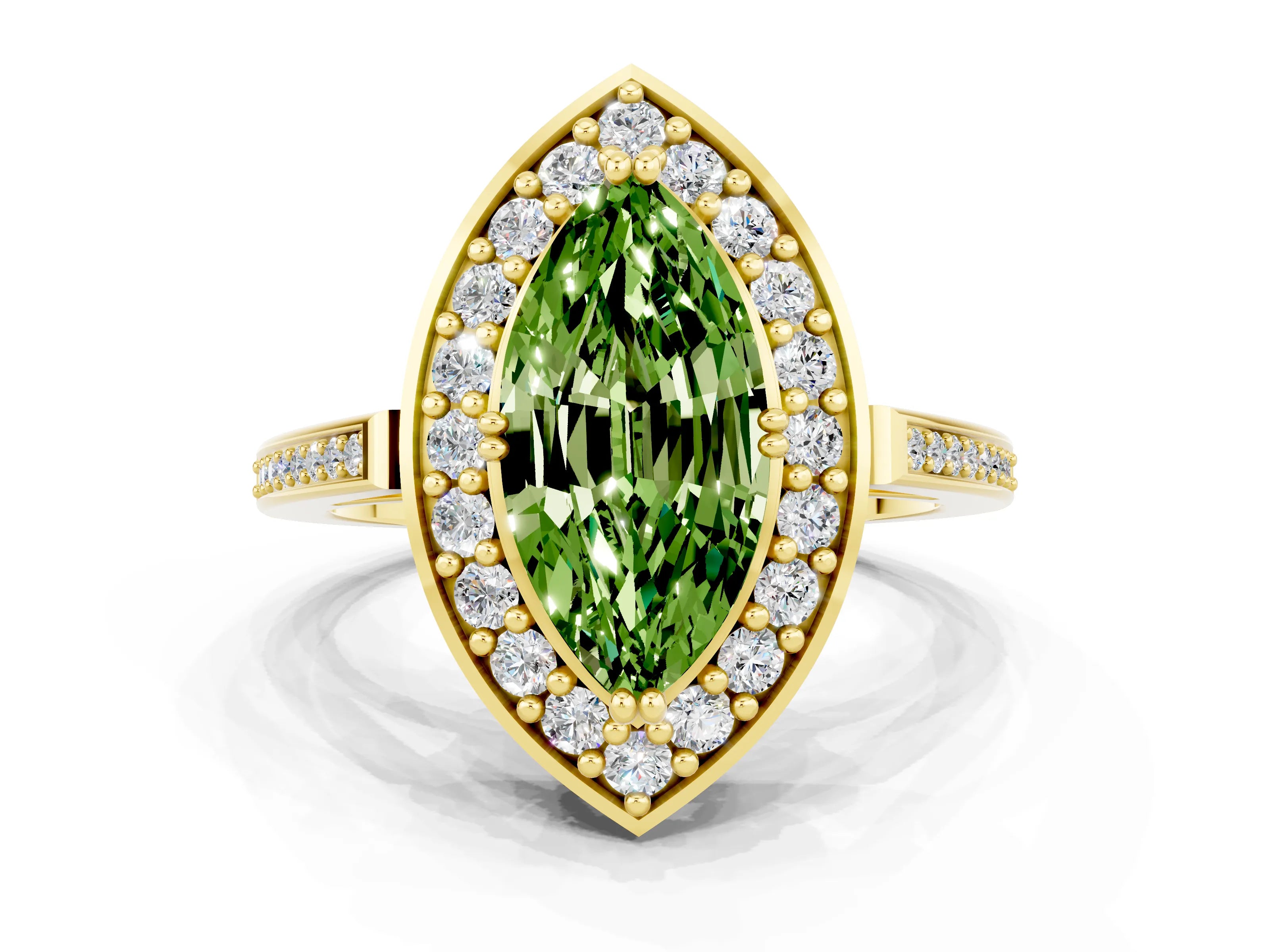 Yellow gold Marquise Cut Peridot Halo Ring with Split Shank and Four-Prong Setting