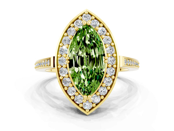 Yellow gold Marquise Cut Peridot Halo Ring with Split Shank and Four-Prong Setting