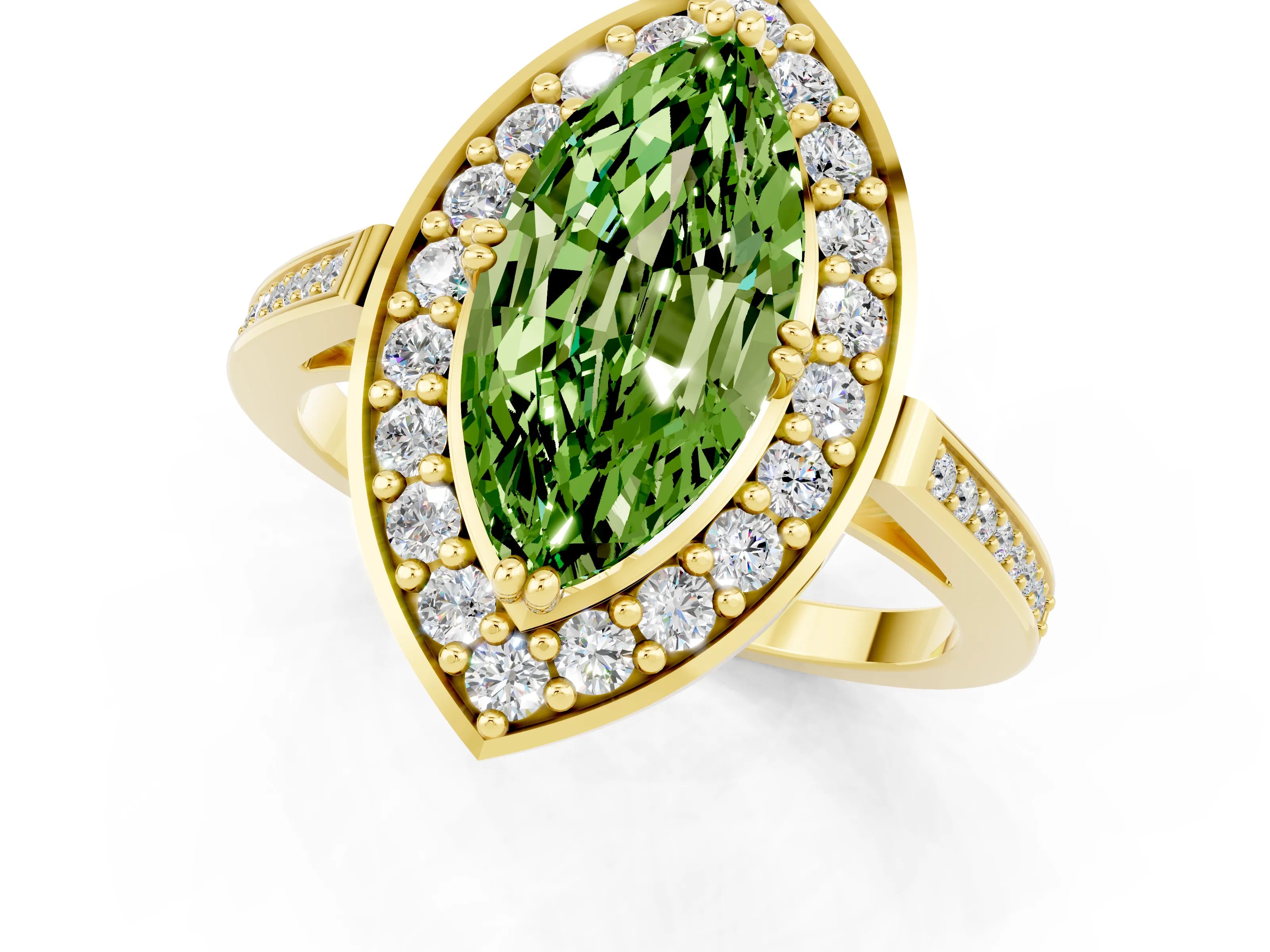 Yellow gold Marquise Cut Peridot Halo Ring with Split Shank and Four-Prong Setting_1