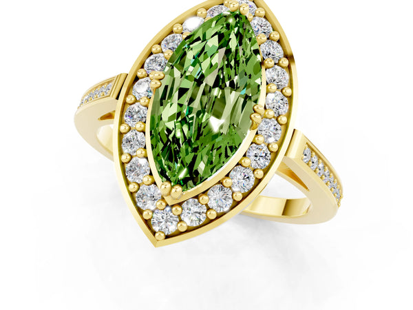 Yellow gold Marquise Cut Peridot Halo Ring with Split Shank and Four-Prong Setting