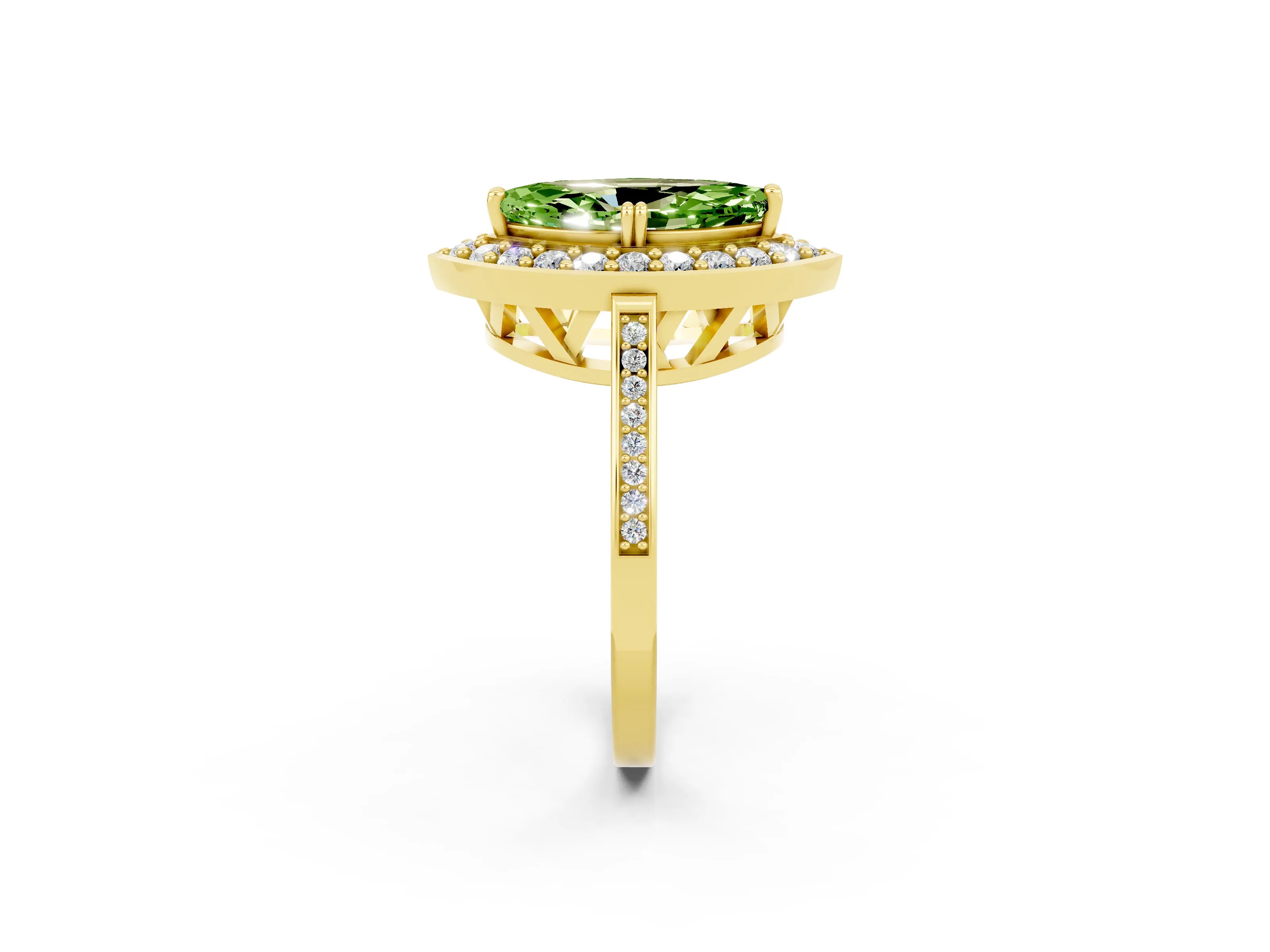 Yellow gold Marquise Cut Peridot Halo Ring with Split Shank and Four-Prong Setting_2
