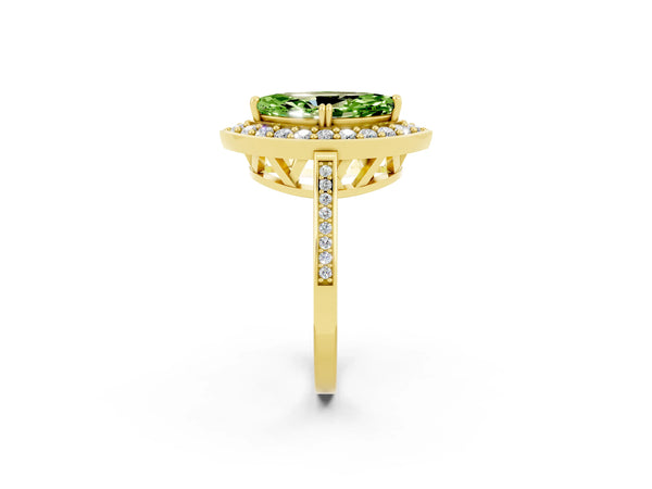Yellow gold Marquise Cut Peridot Halo Ring with Split Shank and Four-Prong Setting