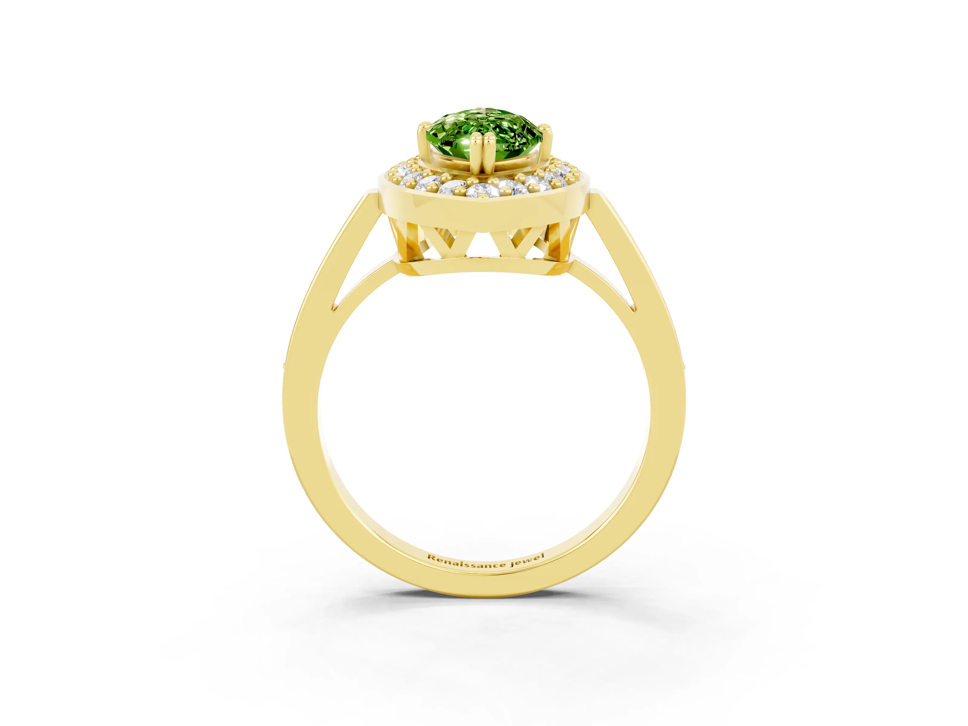 Yellow gold Marquise Cut Peridot Halo Ring with Split Shank and Four-Prong Setting_3