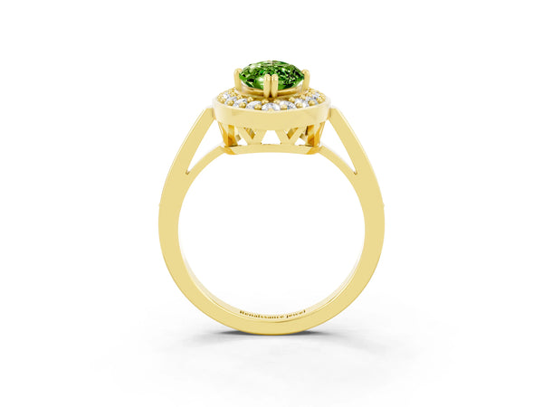 Yellow gold Marquise Cut Peridot Halo Ring with Split Shank and Four-Prong Setting