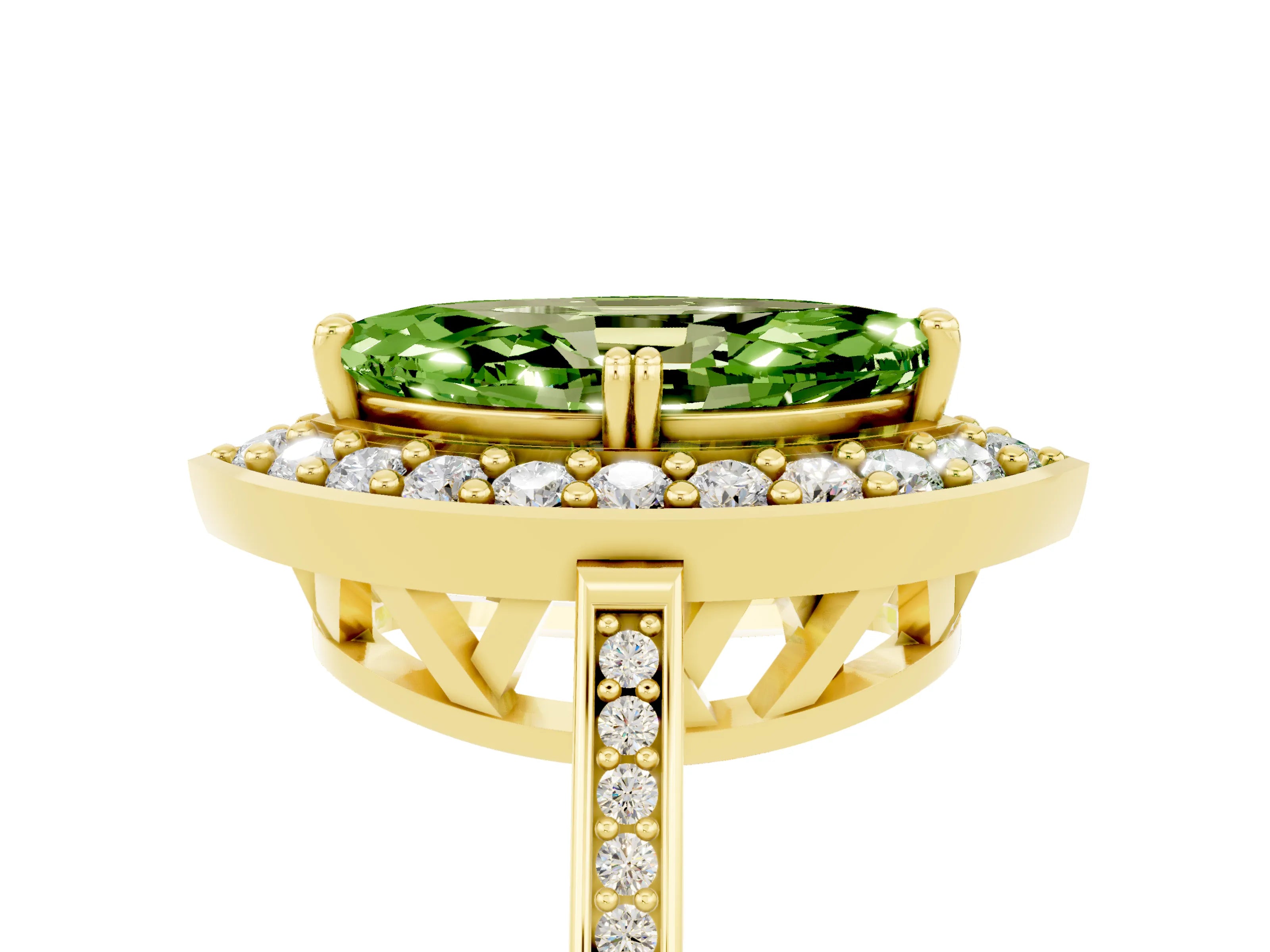 Yellow gold Marquise Cut Peridot Halo Ring with Split Shank and Four-Prong Setting_5