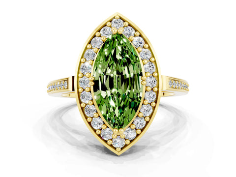 Yellow gold Marquise Cut Peridot Halo Ring with Split Shank and Four-Prong Setting