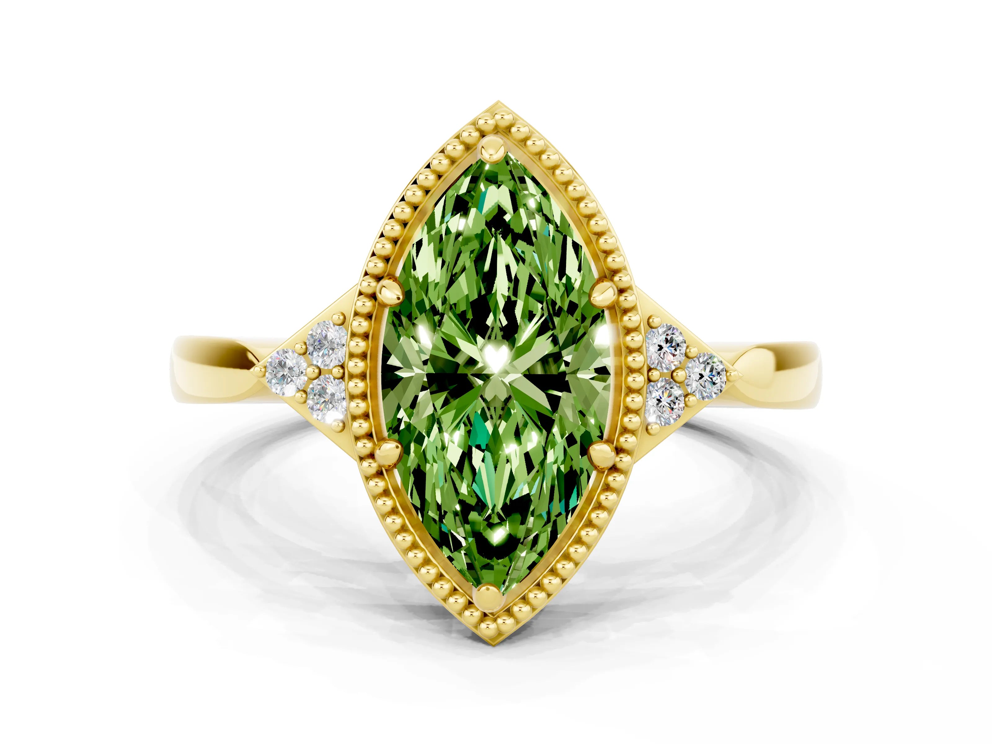 Yellow gold Marquise Cut Peridot Halo Ring with Tapered Band and Four-Prong Setting