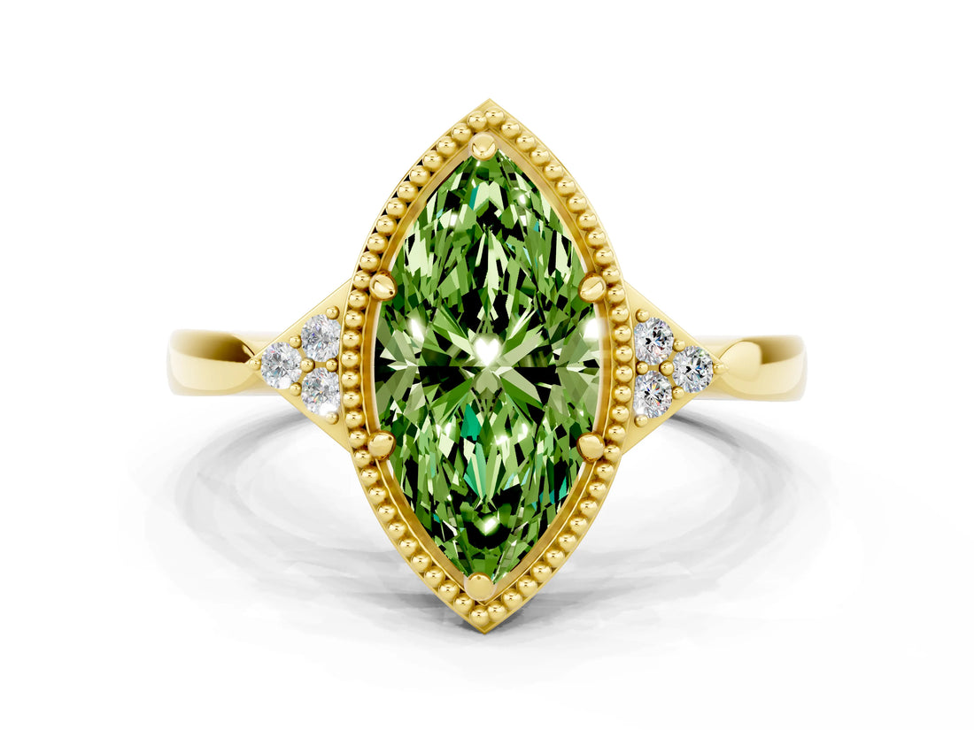 Yellow gold Marquise Cut Peridot Halo Ring with Tapered Band and Four-Prong Setting
