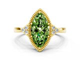 Yellow gold Marquise Cut Peridot Halo Ring with Tapered Band and Four-Prong Setting