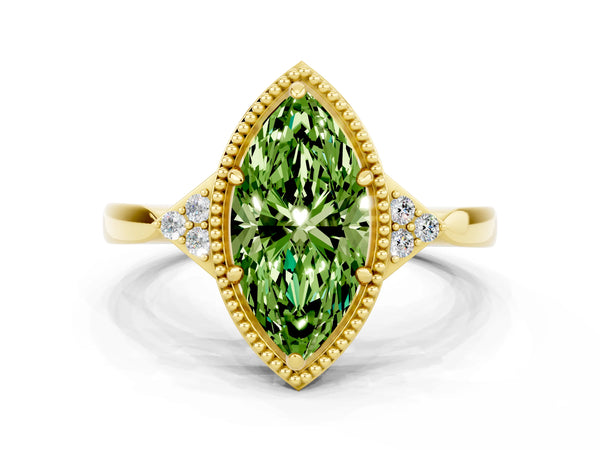 Yellow gold Marquise Cut Peridot Halo Ring with Tapered Band and Four-Prong Setting