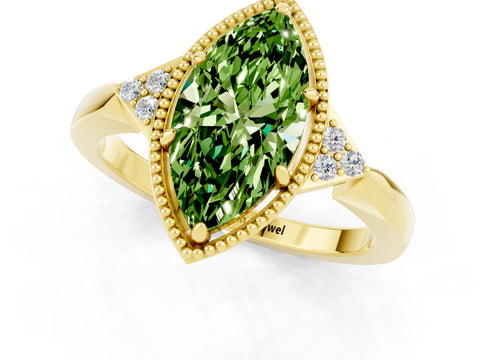 Yellow gold Marquise Cut Peridot Halo Ring with Tapered Band and Four-Prong Setting_1