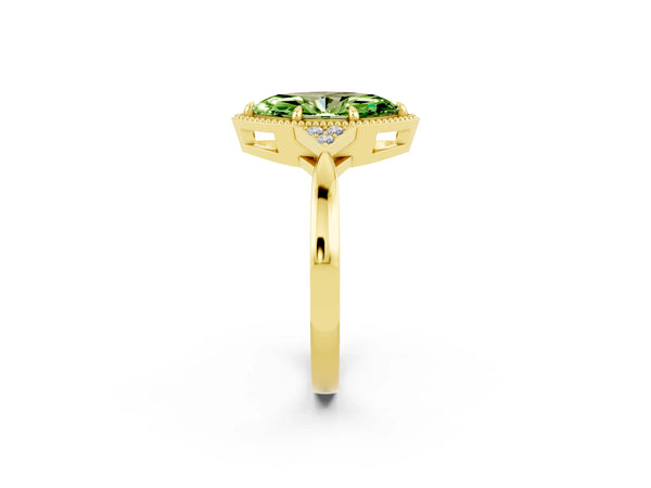 Yellow gold Marquise Cut Peridot Halo Ring with Tapered Band and Four-Prong Setting
