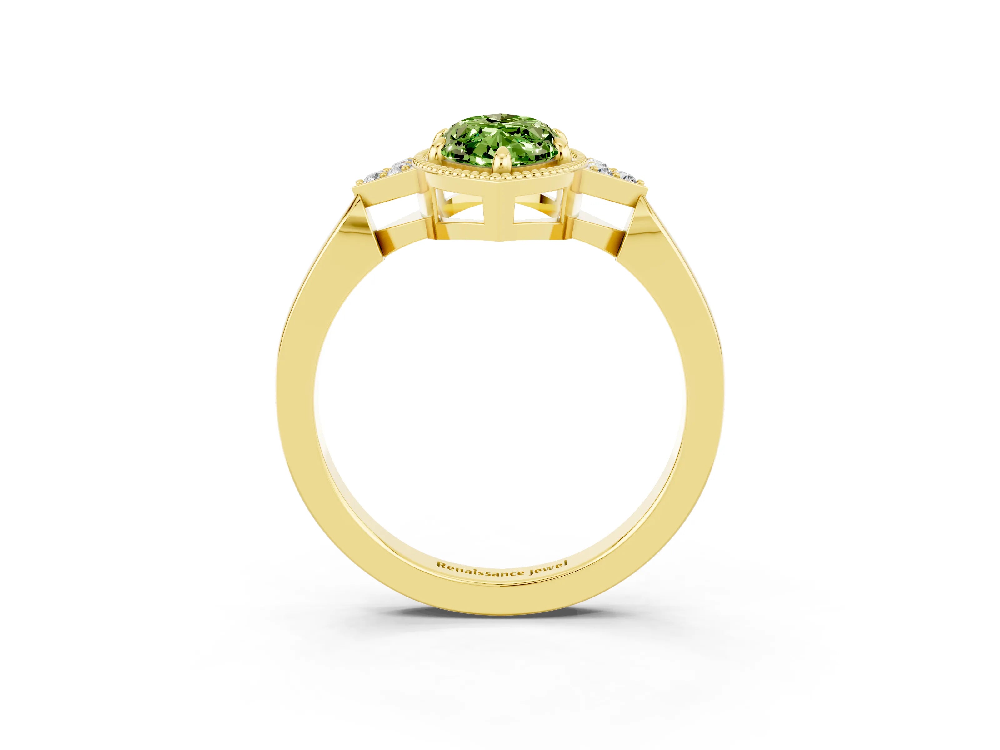 Yellow gold Marquise Cut Peridot Halo Ring with Tapered Band and Four-Prong Setting_3