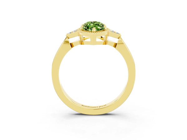 Yellow gold Marquise Cut Peridot Halo Ring with Tapered Band and Four-Prong Setting