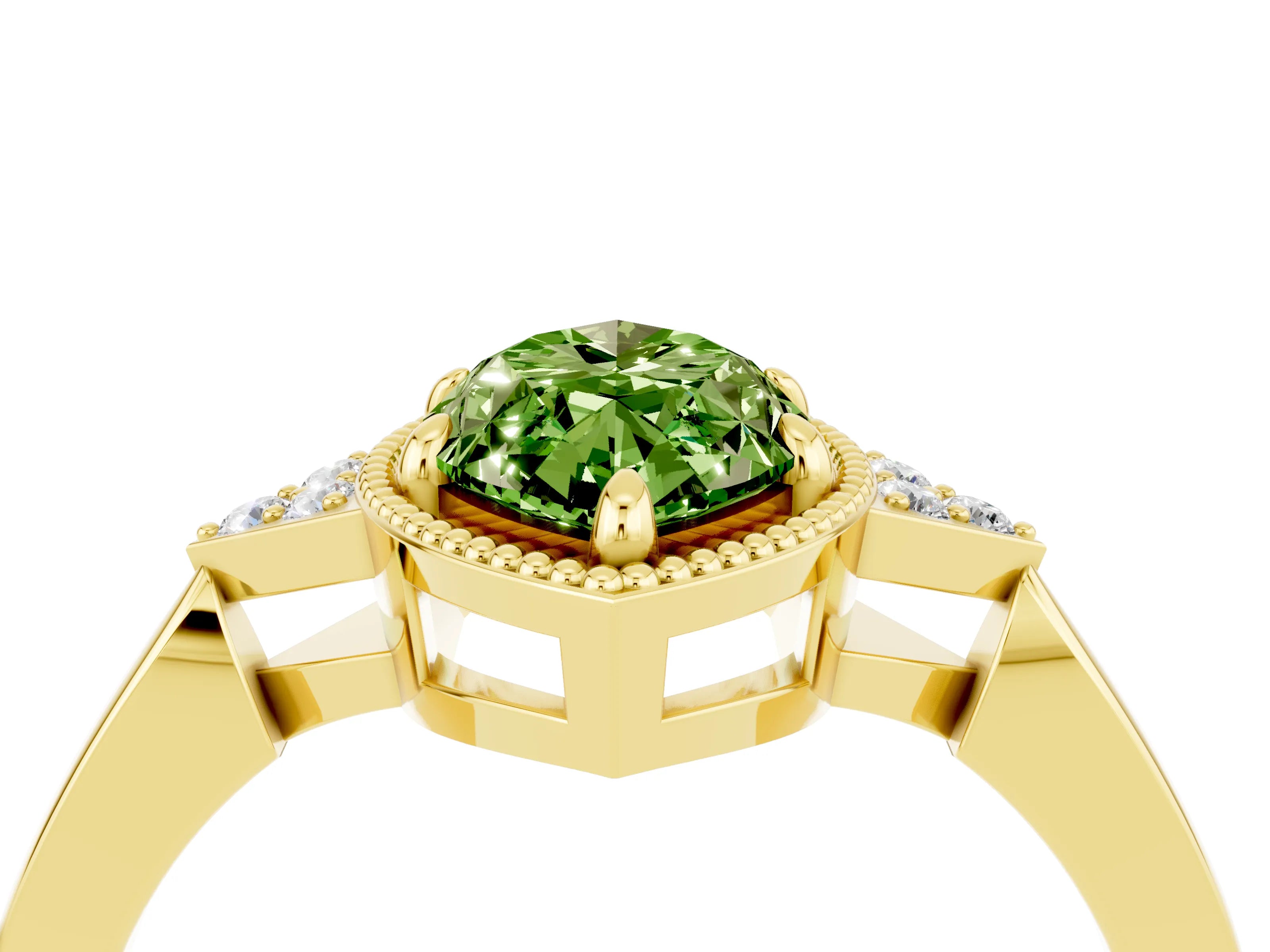Yellow gold Marquise Cut Peridot Halo Ring with Tapered Band and Four-Prong Setting_4