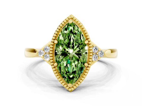 Yellow gold Marquise Cut Peridot Halo Ring with Tapered Band and Four-Prong Setting