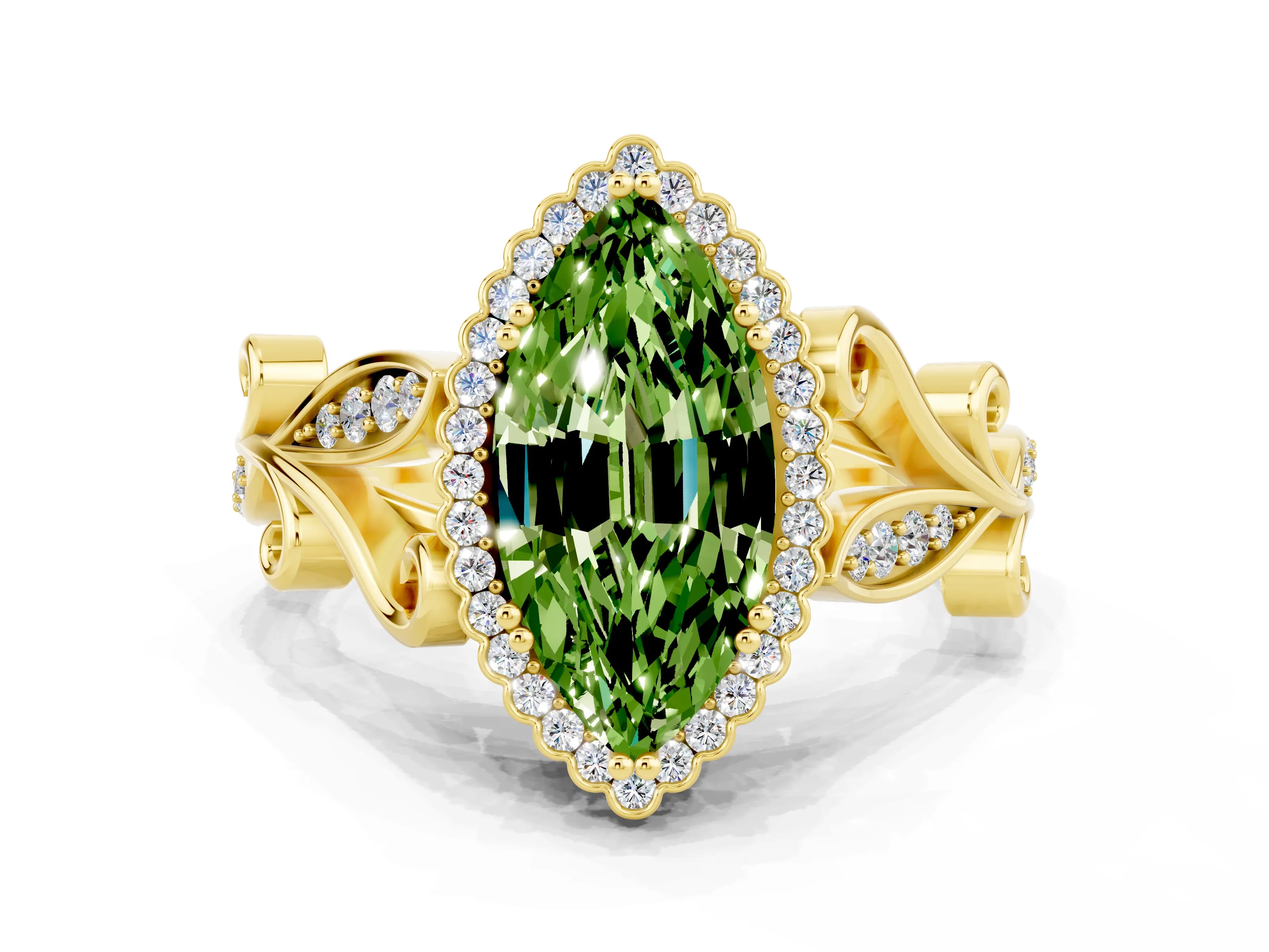 Yellow gold Marquise Cut Peridot Halo Ring with Vintage Split Shank and Four-Prong Setting