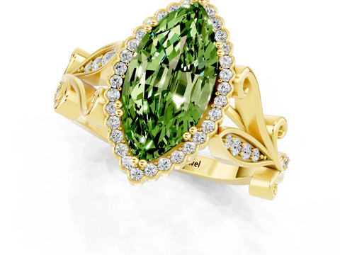 Yellow gold Marquise Cut Peridot Halo Ring with Vintage Split Shank and Four-Prong Setting_1