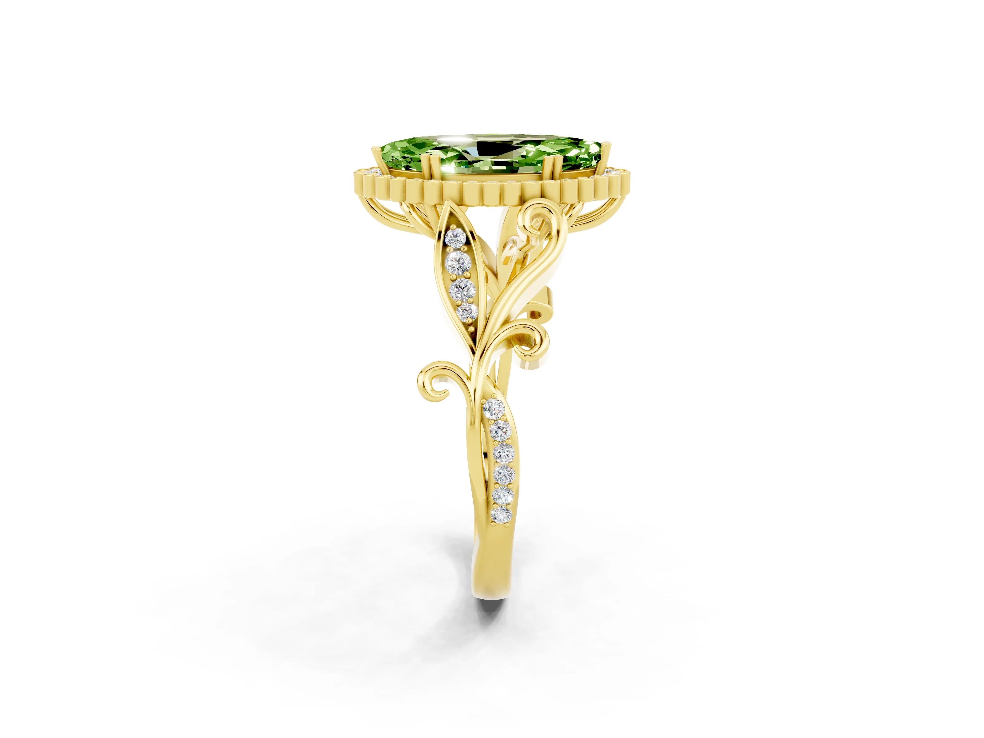 Yellow gold Marquise Cut Peridot Halo Ring with Vintage Split Shank and Four-Prong Setting_2