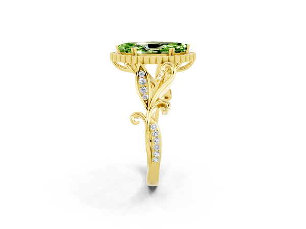 Yellow gold Marquise Cut Peridot Halo Ring with Vintage Split Shank and Four-Prong Setting