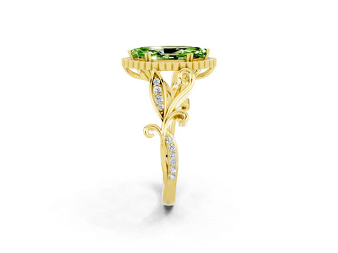 Yellow gold Marquise Cut Peridot Halo Ring with Vintage Split Shank and Four-Prong Setting_2