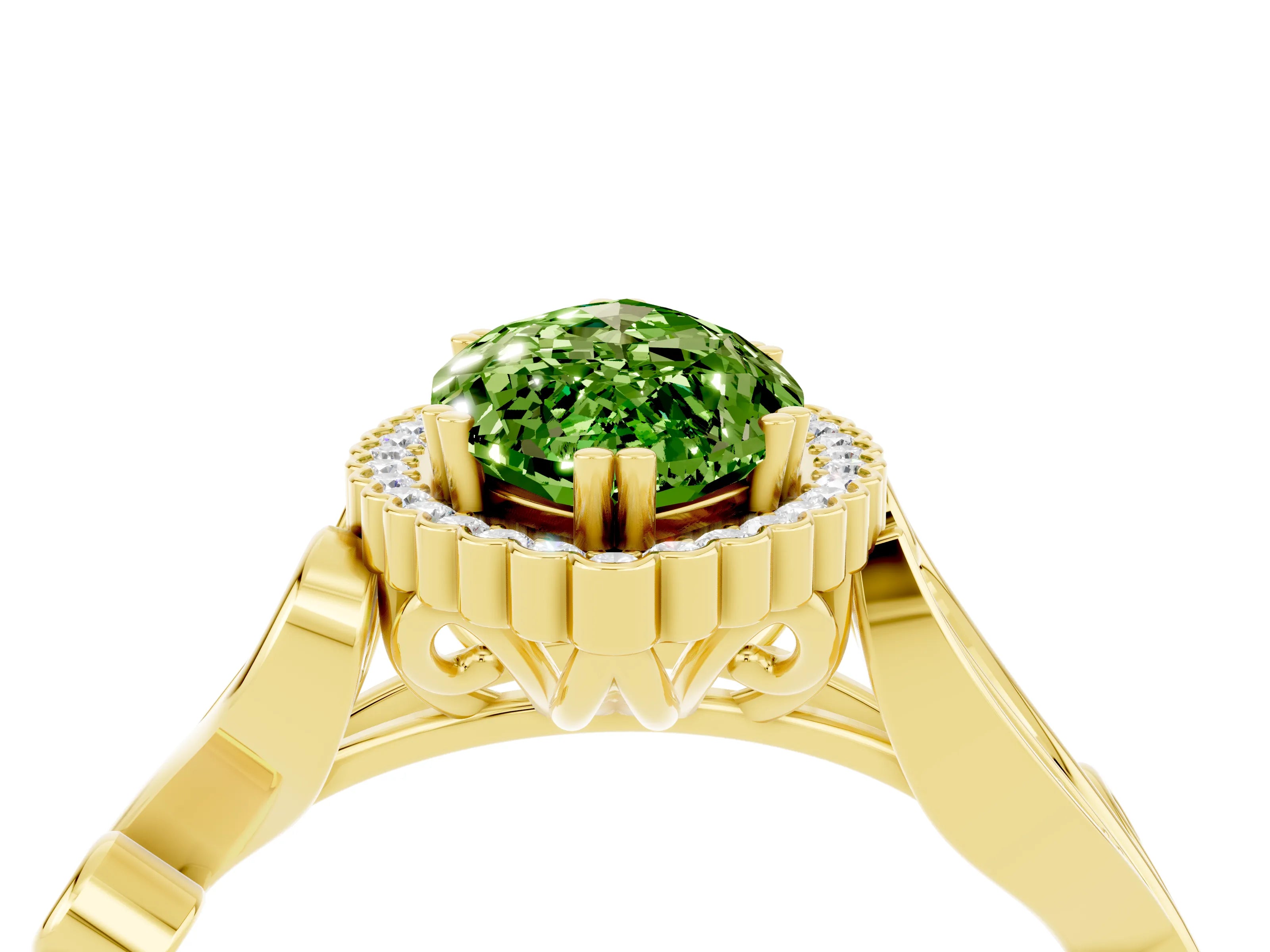 Yellow gold Marquise Cut Peridot Halo Ring with Vintage Split Shank and Four-Prong Setting_4
