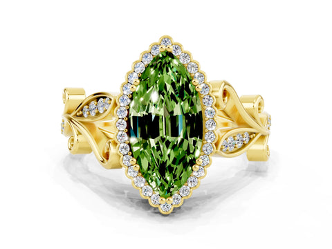 Yellow gold Marquise Cut Peridot Halo Ring with Vintage Split Shank and Four-Prong Setting