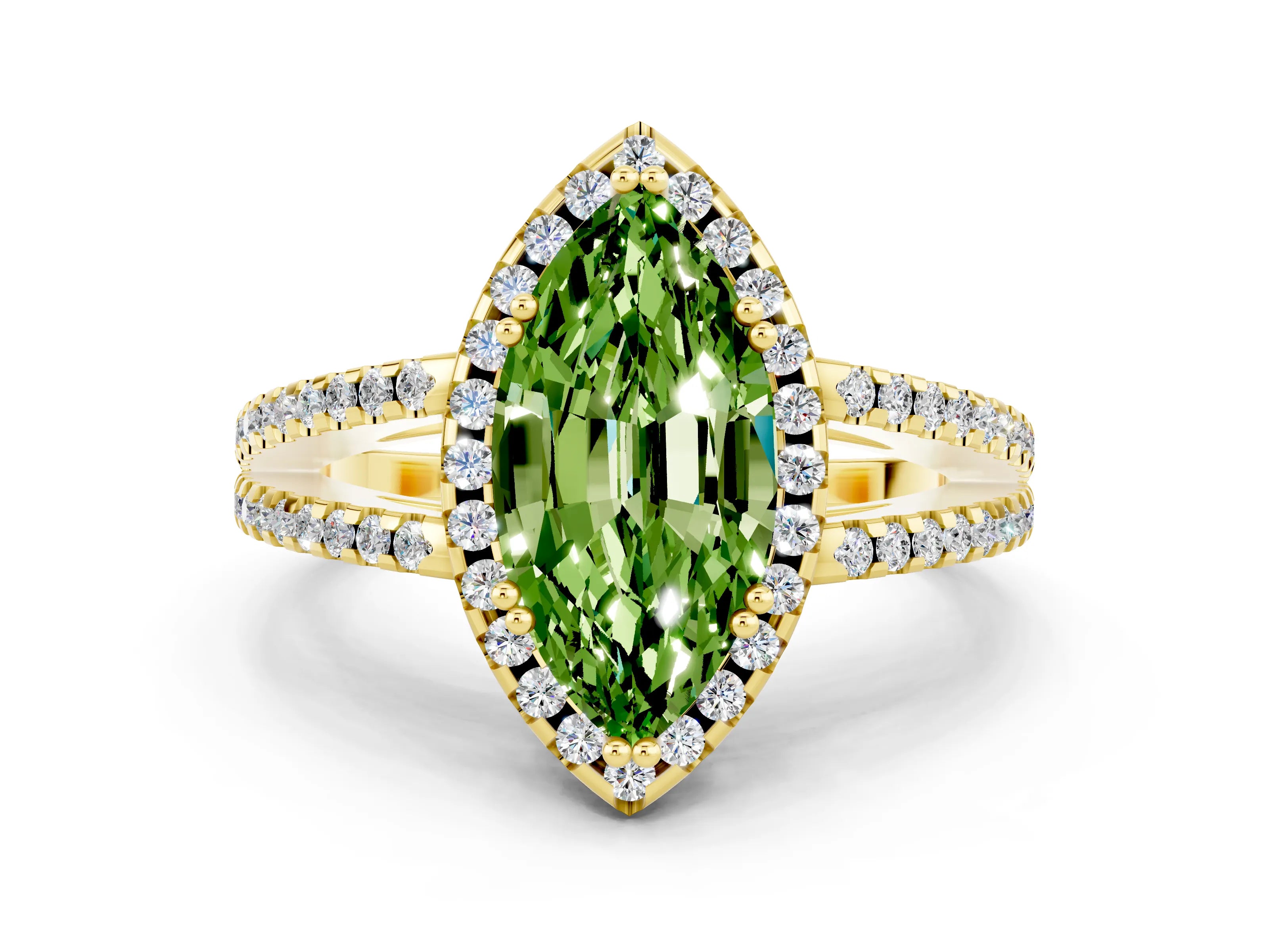 Yellow gold Marquise Cut Peridot Halo Split Shank Engagement Ring_12