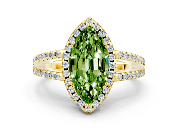 Yellow gold Marquise Cut Peridot Halo Split Shank Engagement Ring