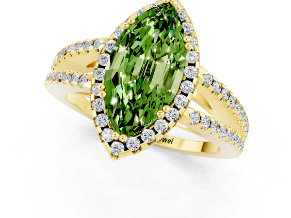 Yellow gold Marquise Cut Peridot Halo Split Shank Engagement Ring