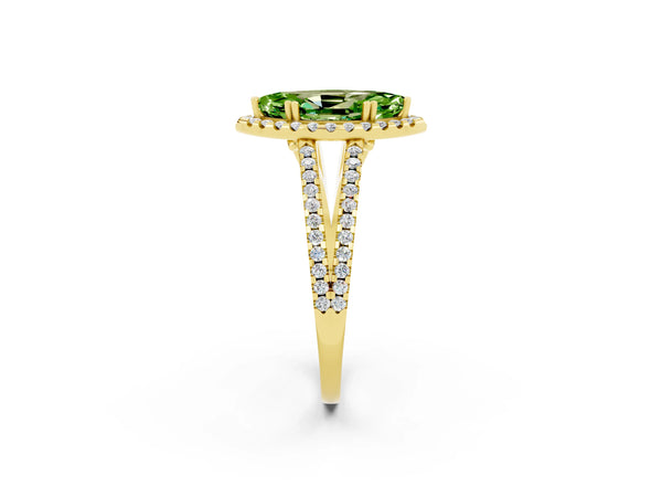Yellow gold Marquise Cut Peridot Halo Split Shank Engagement Ring