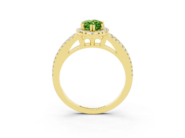Yellow gold Marquise Cut Peridot Halo Split Shank Engagement Ring